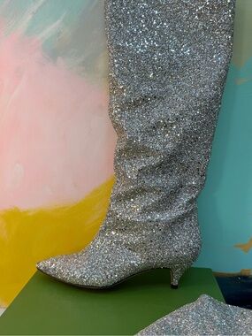 kate spade Silver Glitter Knee-High Pointed-Toe Low-Heel Boots